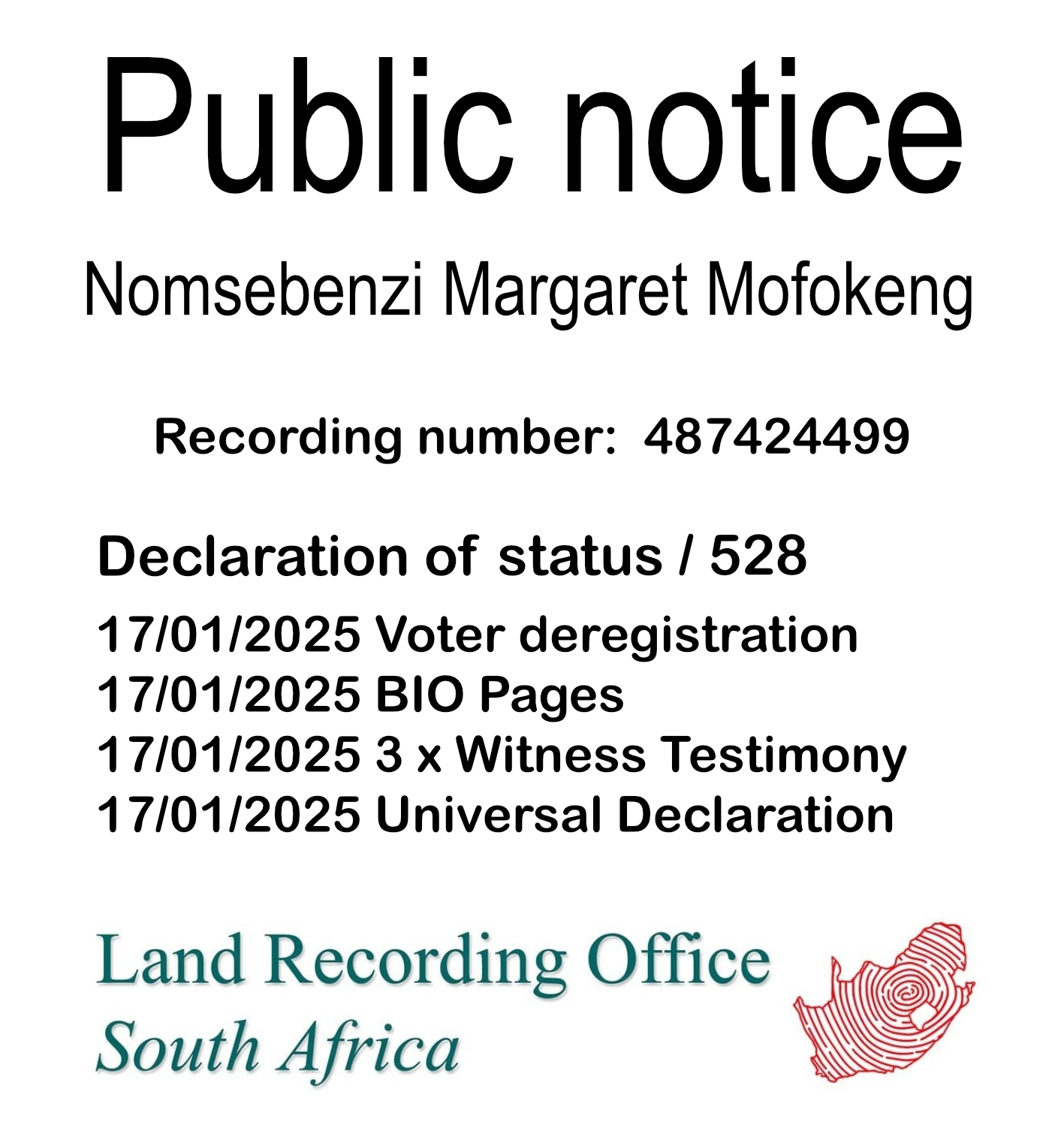 Public notice Nomsebenzi Margaret Mofokeng Recording number 487424499